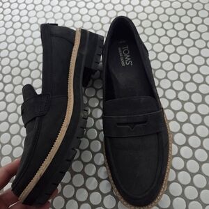 TOMS Black Suede Lug Sole Penny Loafers with Tan Welt